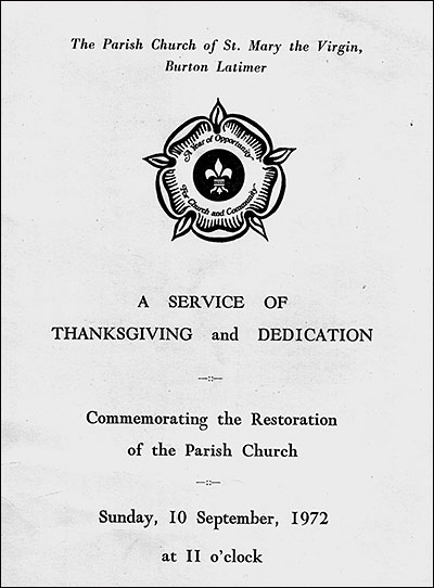 Service sheet of A Service of Thanksgiving and Dedication commemorating the Restoration of the Parish Church