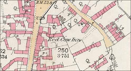 The Red Cow Inn on the 1886 Ordnance Survey Map for Burton Latimer