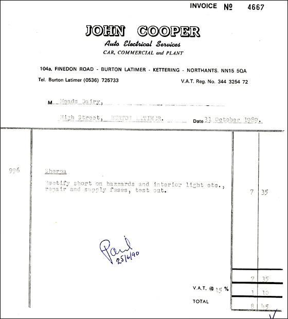 Invoice from John Cooper - Auto Electrician