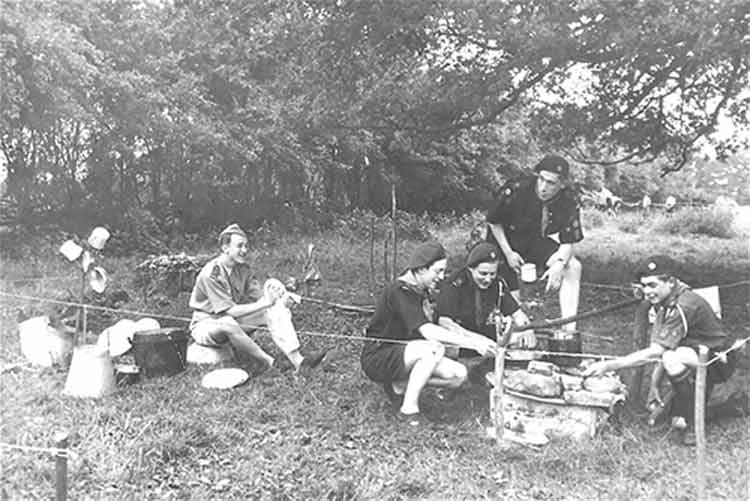 Camp Scene showing ?, James Arnold, Gordon Ayre, Malcolm Thurlow, Tony Middleton