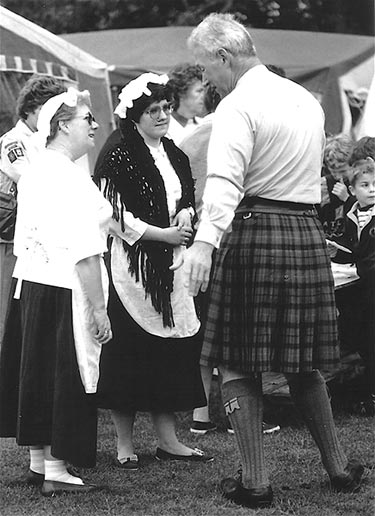 Chief Scout, Garth Morrison, talking to Moira Perkins and Caroline Wood at a District Cub Camp at Glelndon, 1991