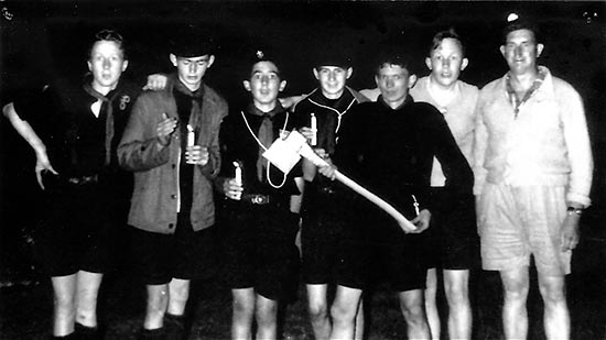 1962 Annual Scout Camp at Windsor.  L to R: John Cooch, Tony Clarke, Bob Oram, John Hobbs, Graham Whitney, Brian Mutlow, ?