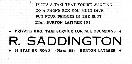 Advertisement for Roger Saddington's Taxi Service