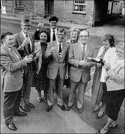 Members of the bypass committee.  Left to Right: John Cutmore, Christopher Groome, June Smith, Steve Thomas, Chairman of the town Council Ray Bryce, Janet Peck, Albert Morby, Joan Griffiths and Marion York.