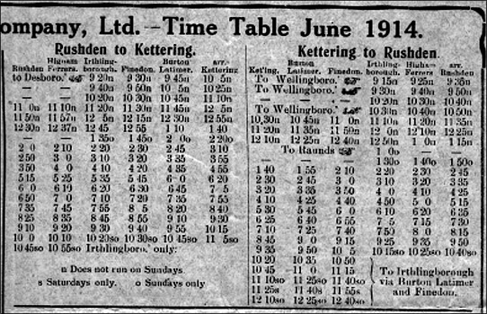 Wellingborough Motor Omnibus Company timetable for services through Burton Latimer in 1914