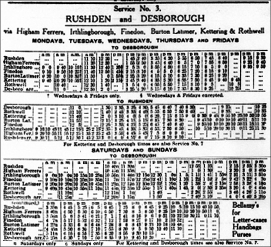Wellingborough Motor Omnibus Company timetable for services through Burton Latimer in 1921