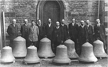 Photograph of bellringers tosgether with bells ready for rehanging in 1920