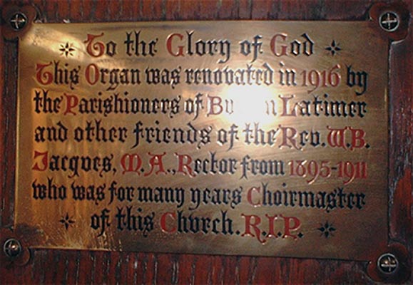 Plaque detailoing the restoration of the organ in 1916