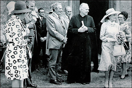 Photograph of the Visit of Princess Alice of Gloucester in 1975 showing Nora Matravers, Ralph Aveling, Brian Craddock, Cllr Charles Hakewell (Mayor of Kettering), Cllr Maurice Patrick (Chairman Burton Latimer Town Council), Canon Edward Pitt, Princess Alice, and Mrs Hakewell (Mayoress)
