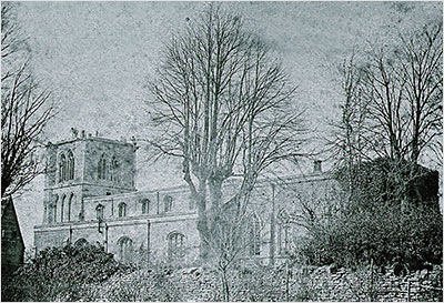 Three photographs showing the repairs in progress to the Church Tower in 1864