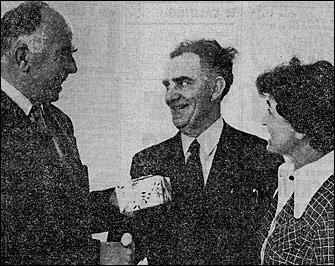 Photograph of Mr Fred Pentelow on his retirement receiving a presentation from Mr John Gamble