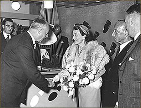 Photograph showing Duchess of Gloucester at a Shoe Fair