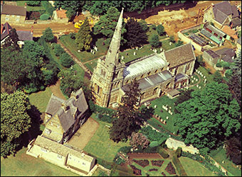 Manor House and Church in an aerial view taken in the 1960s