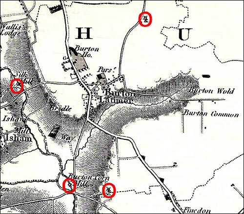 The location of burton Latimer's four mills - two watermills and two windmills