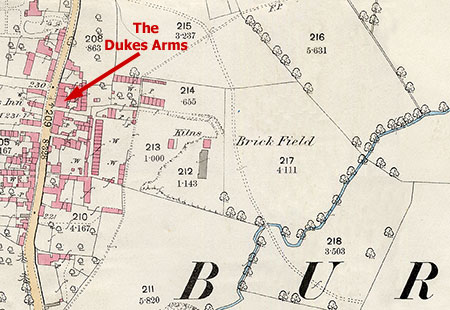 Location of Brickyard 1886 in relation to the Dukes Arms. This is the only known map showing the brickyard.