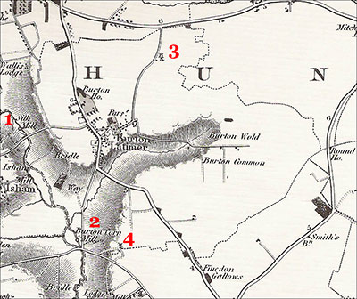 The location of the four mills in Burton Latimer, as seen on the Bryant map of 1826