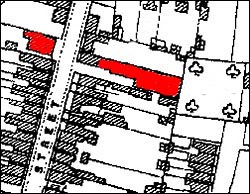 Marked in red are the factory and band room opposite.