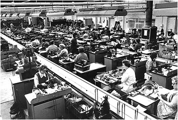 Photograph of operatives in the Closing Room stitching the uppers together