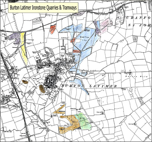 Map showing the location of various ironstone mining operations around Burton Latimer