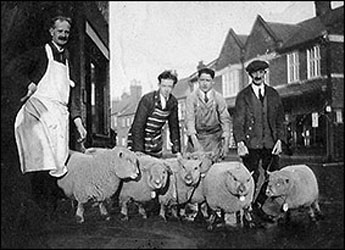 Frank Barlow, Dick Blake, ??, and Charlie Booth outside the butchery c1930