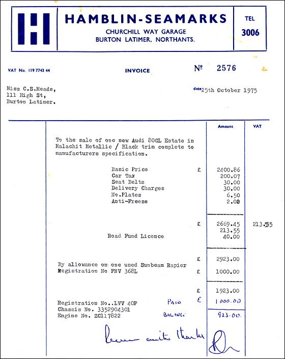 Invoice from Hamblin-Seamarks Garage in Churchill Way