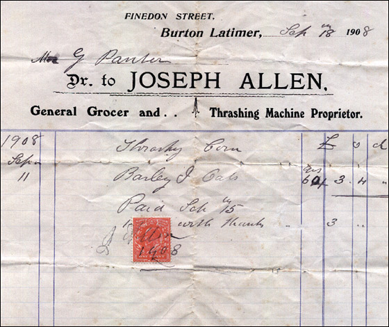 Invoice from Joseph Allen - Grocer & Thrashing Machine Proprietor