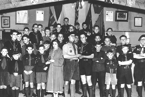 Bob-a-Job Week 1958.  John Byland? and Michael Cook receiving awards from Janet Northern and George Ramsbottom for beiing top fund raisers.