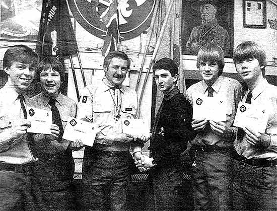 Winners of the Chief Scout Award. L to R: Andrew Rogers, Stephen Smith, Sam Bosworth, Steven Jeffs and Paul Barman with the District commissioner, Stuart King