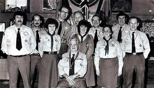 Group Leaders 1989.  L to R: John Ayres, Rod Bulley, Mrs Rod Bulley, John Hollingsworth, Brian Mutlow, Liinda Edwards, John Northern, Moira Perkins, David Roe, Eddie Chennell, Jack Addis seated centre