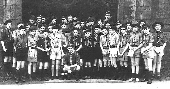 Patrol Leaders' Training Course 1966. Trainee Patrol Leaders are in the front in distinctive dark blue tunics - Trevor Lovell (extreme left), R Mellors (3rd front), P Ramsbottom, John Edwards, Jimmy Keech (standing together) and M Mellors (almost hidden behind them in the crowd. Standing at the back are Brian Mutlow, Harvey Waite, George Ramsbottom and John Holliingsworth.