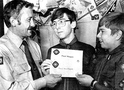 Paul Hogan and Paul Northern, both 15, receiving their Chief Scout awards from District Commissioner, Stuart King