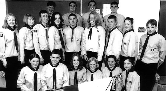 1st Burton Latimer Venture Unit - 1997.  Back Row: Mark Cooper, Sam Bosworth, Ian Griffiths, Matthew Young.  Middle row: Chloe Cullington, Madeline Parker, Jonathan Roe, ?, Adam Young, ?, Robert Hilson, ?, Bradley Joyce.  Front: Hayley Joyce, Sam Cullington, ?, Fiona Guthrie, Rebecca Marchant, Teresa Callaghan