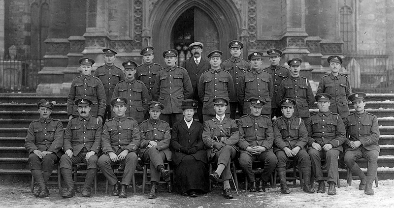 Returned Burton Latimer Prisoners of War, on the steps of Kettering Parish Church in February 1919