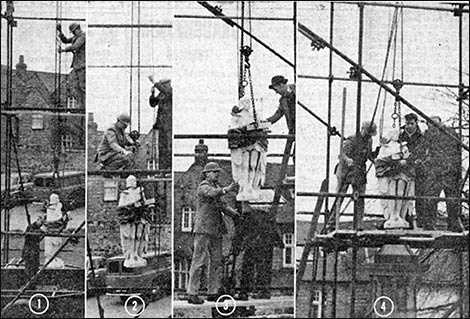 Successive photoshots showing the hoisting of St George's statue onto the top of the memorial.