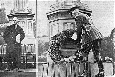 Left: The Chairman of the Memorial Committee hands over the Memorial to the Council.  Right: General Lord Horne places the Parish’s wreath on the Memorial.